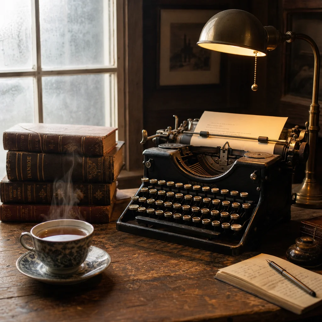 A vintage Underwood typewriter, a stack of antique books and a cup of tea beside a window