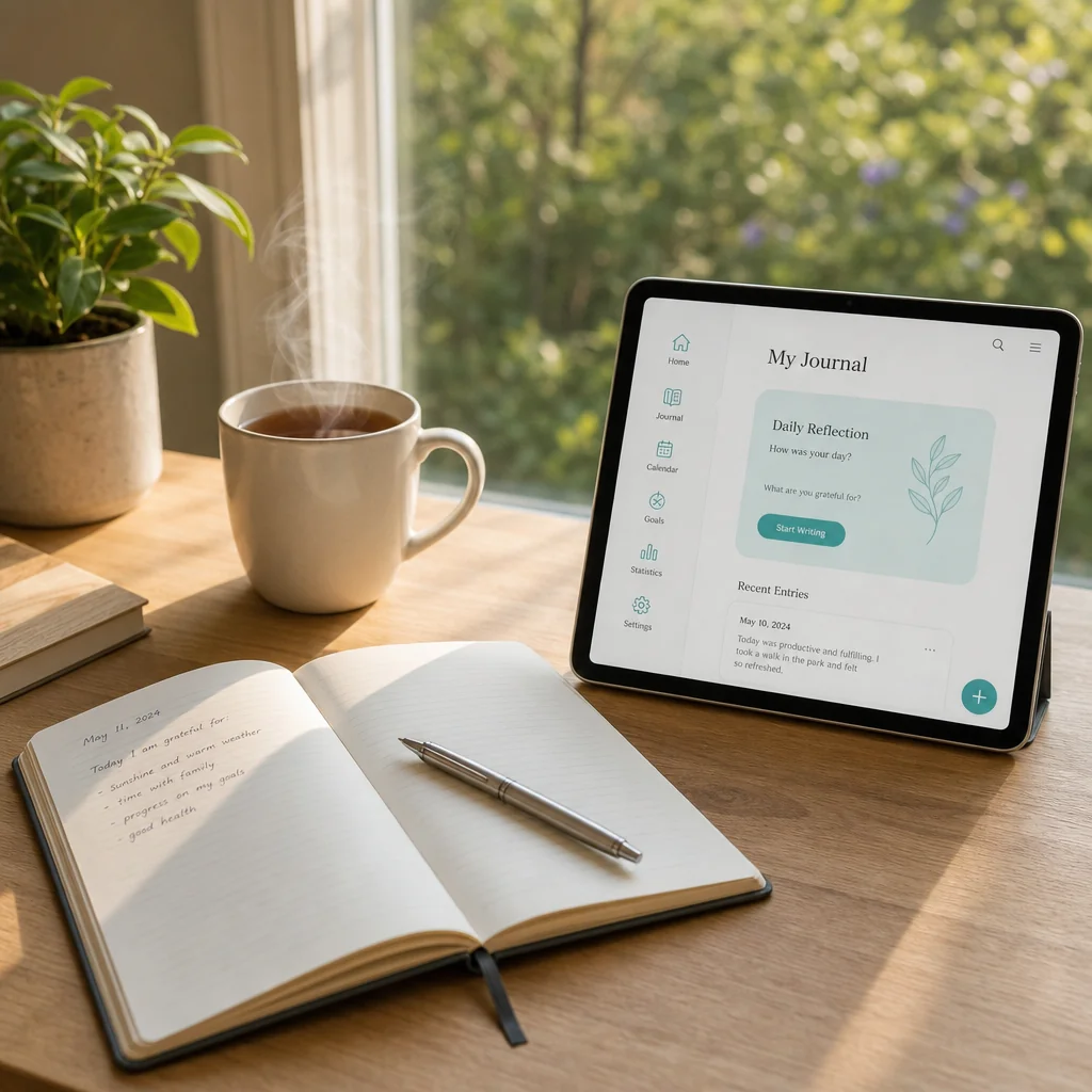 An open journal, a steaming cup of tea and a tablet showing a journalling app on a sunlit desk