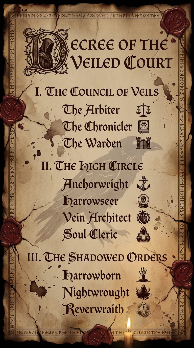 Decree of the Veiled Court — an aged parchment listing the orders of the Monarchs of Magic world